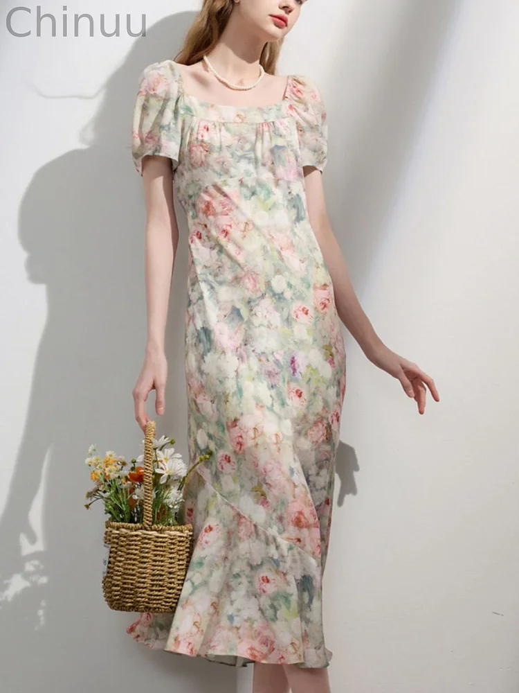 Square Neck Short Sleeve Fishtail Floral Dress