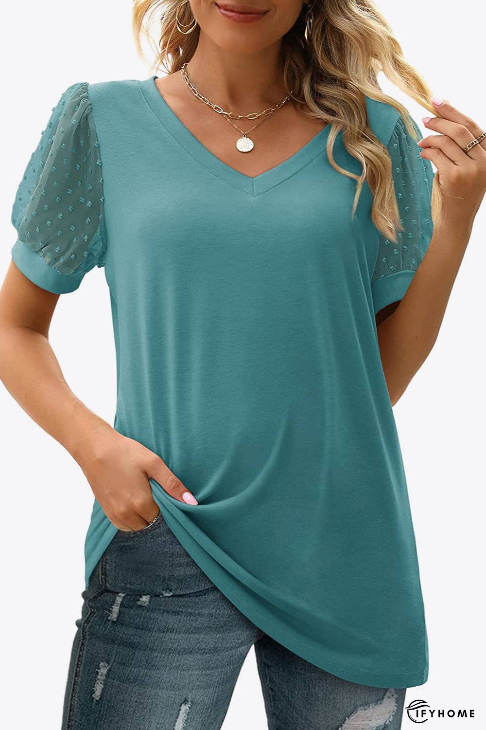 Swiss Dot Puff Sleeve V-Neck Tee | IFYHOME