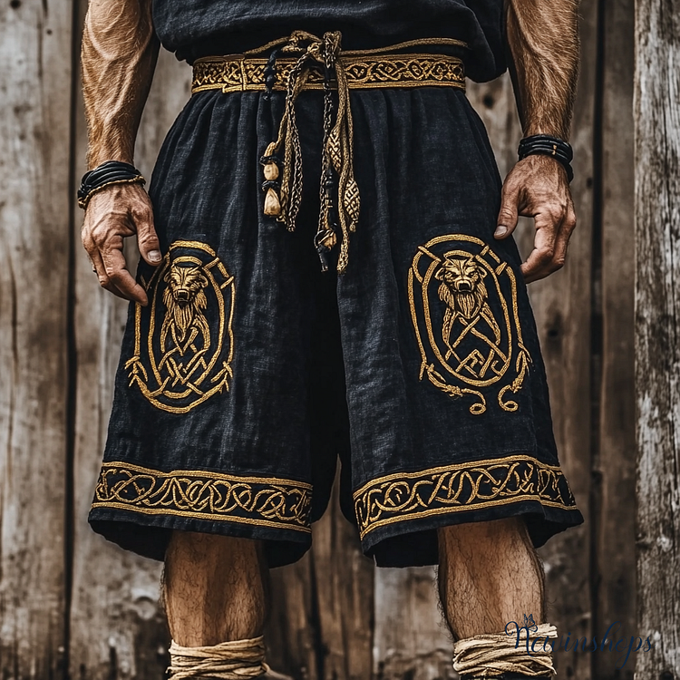 Men's Celtic Knot Viking Wolf Embroidery Casual Cropped Pants