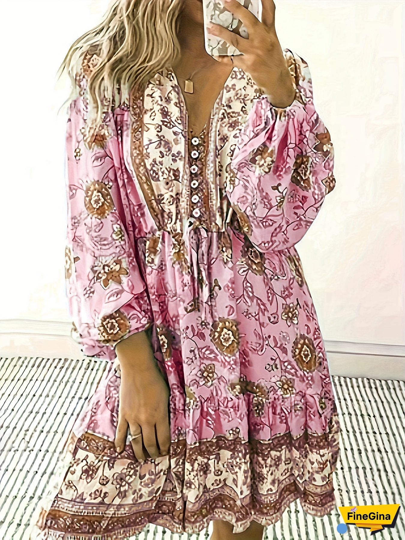 [Bohemian Dress] Bohemian Floral Print Women's V-Neck Dress | Lantern Sleeves & Button Front - Knee-Length A-Line Maxi Skirt, Machine Washable All-Season Vacation & Casual Wear