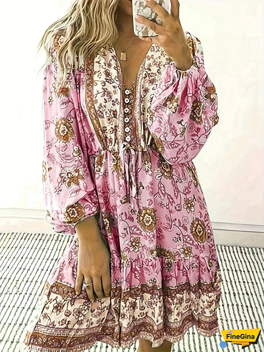 [Bohemian Dress] Bohemian Floral Print Women's V-Neck Dress | Lantern Sleeves & Button Front - Knee-Length A-Line Maxi Skirt, Machine Washable All-Season Vacation & Casual Wear