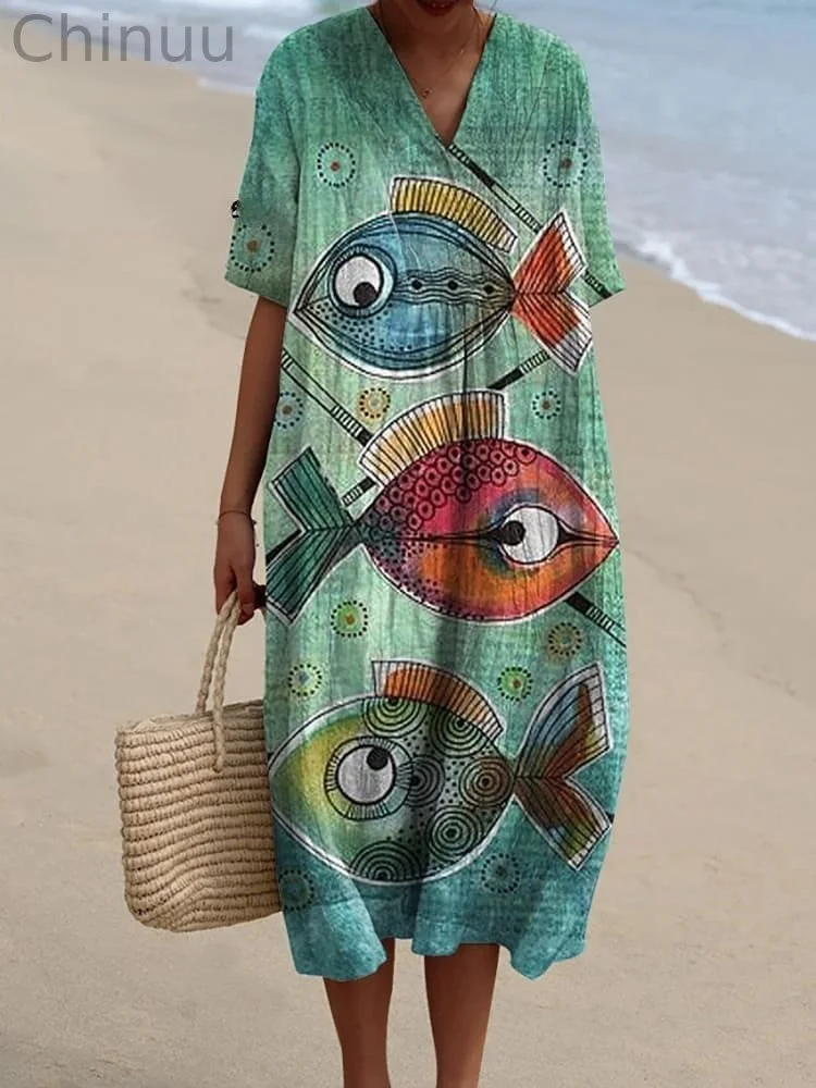 Women's Vintage Lovely Fish Art Print Flowy Dress