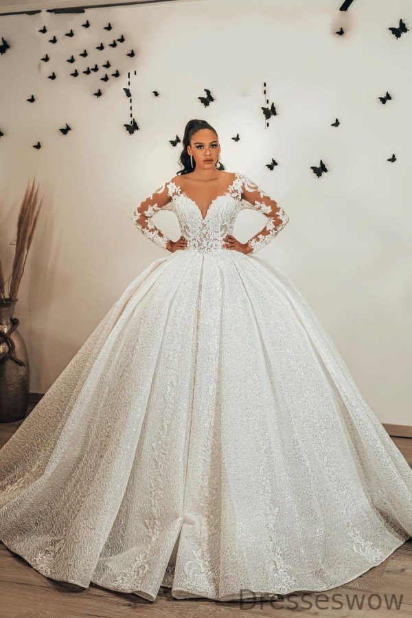 Dresseswow Gorgeous Ball Gown Sweetheart Long Sleeves Wedding Dress Ruffles Lace Appliques Sequined