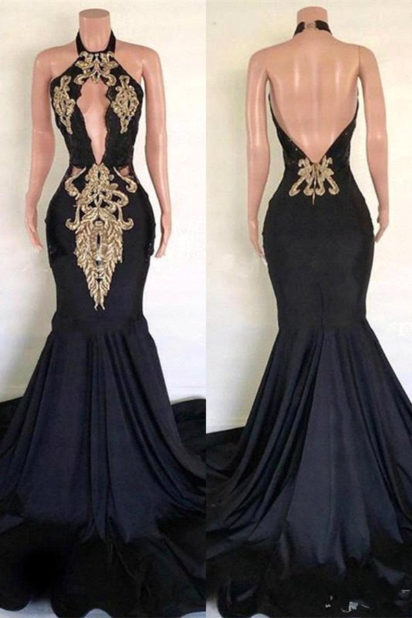 Luluslly Black Backless Mermaid Prom Dress With Gold Appliques