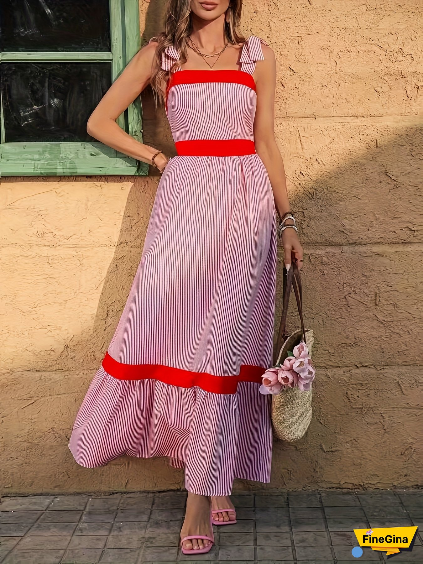 [Summer A-Line Dress] Lightweight Breathable Women's Casual A-Line Dress | Red & White Striped Contrast Hem, Spaghetti Straps, Flared Skirt For Spring Summer Fall, Machine Washable Vacation & Casual Attire, Summer Fashion - Nontransparent Material