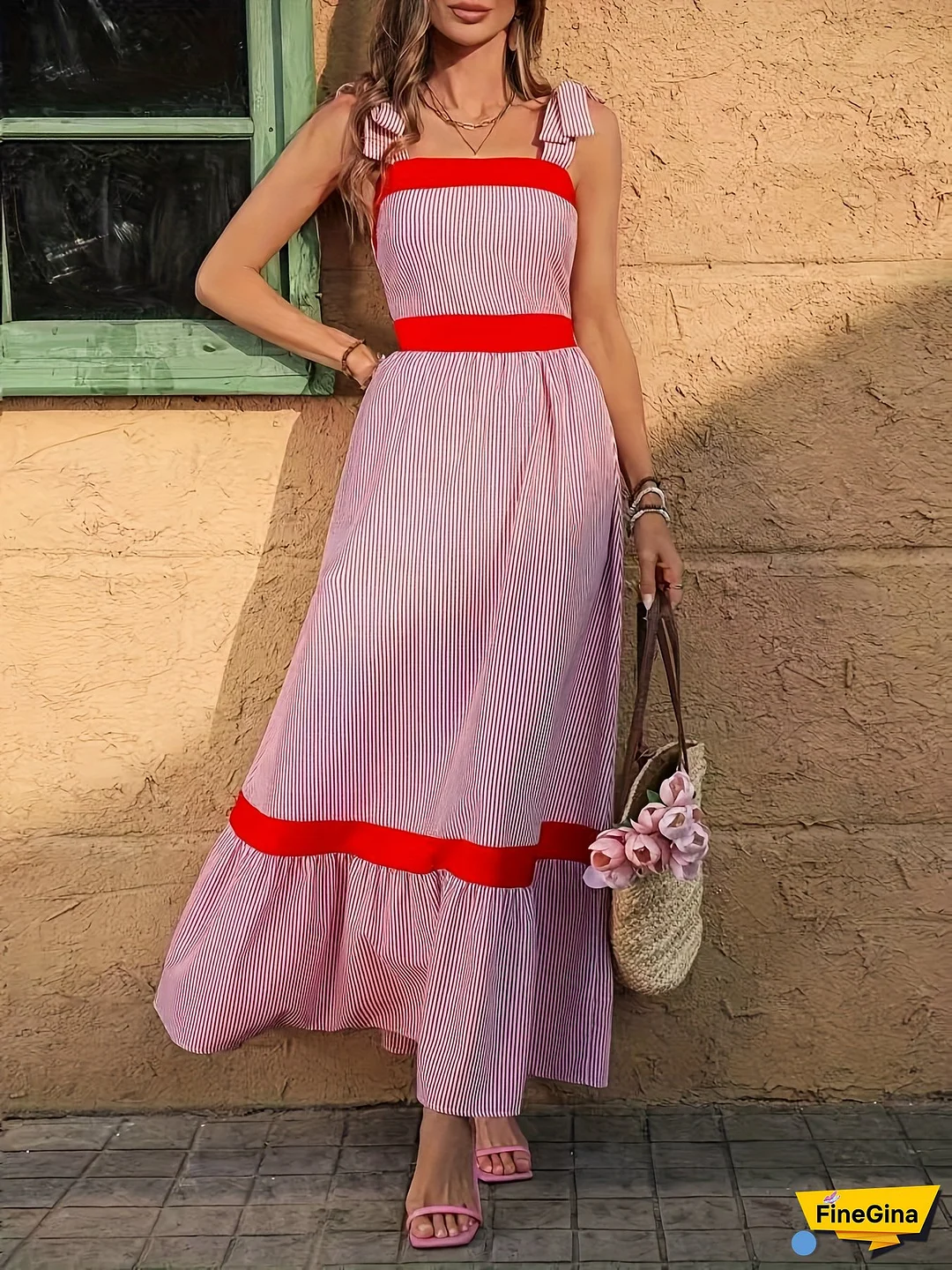 [Summer A-Line Dress] Lightweight Breathable Women's Casual A-Line Dress | Red & White Striped Contrast Hem, Spaghetti Straps, Flared Skirt For Spring Summer Fall, Machine Washable Vacation & Casual Attire, Summer Fashion - Nontransparent Material