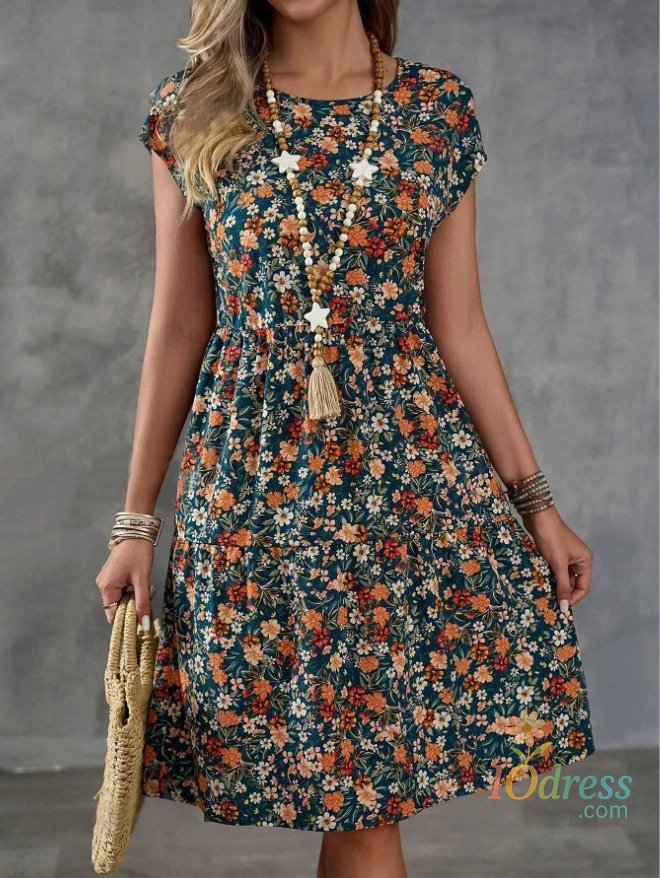 IO Dress 2025 Amazon Global New Women's Elegant Printed Elastic Waist Short Sleeve Round Neck Dress