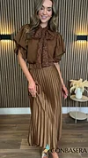 Ophelia Brown Pleated Midi Skirt