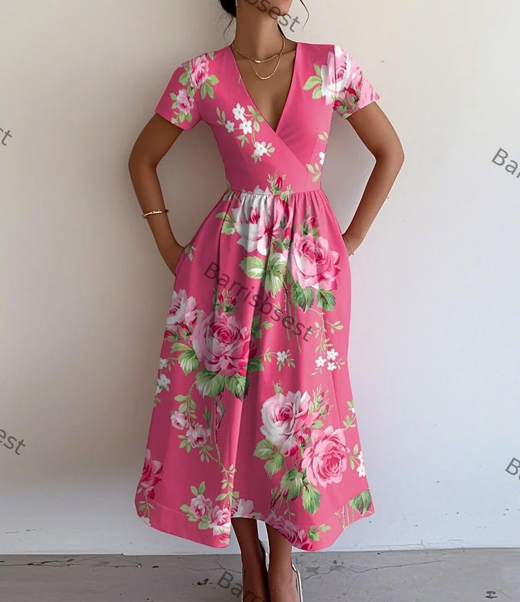 Retro Elegant Rose Print V-Neck Short Sleeve Dress