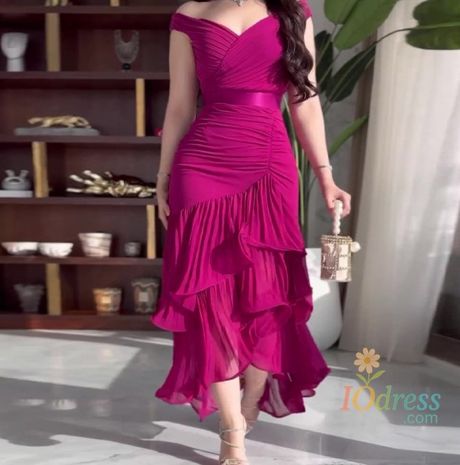 IO Dress Temperament Evening Dresses for Women Off Shoulder Ruffles Tiered Ankle Length Sleeveless Ruffle Edge Solid Color Party Dress