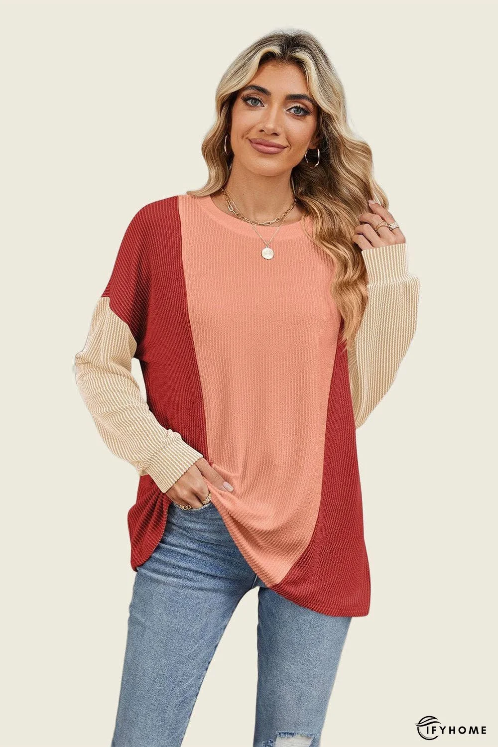 Double Take Texture Contrast Round Neck Long Sleeve T-Shirt | IFYHOME