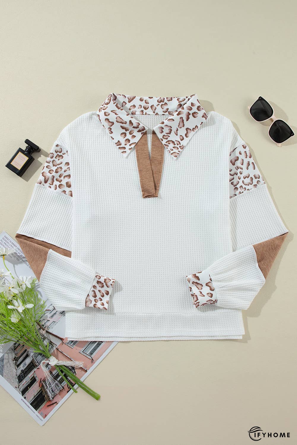 Leopard Patchwork Turn-down Collar Waffle Top | IFYHOME