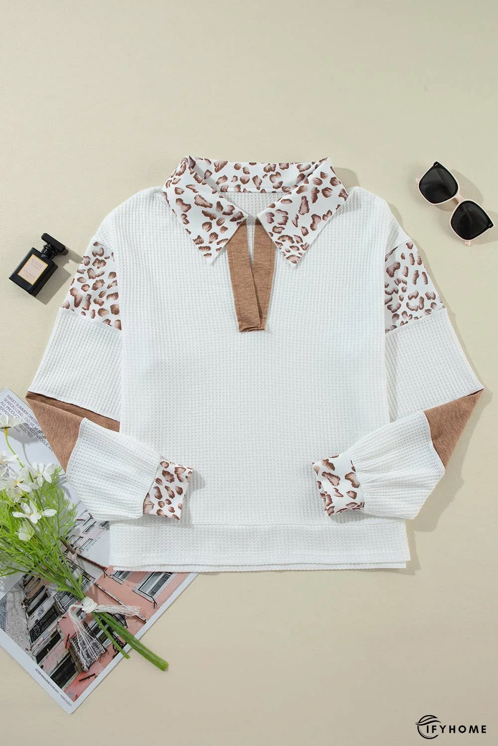 Leopard Patchwork Turn-down Collar Waffle Top | IFYHOME