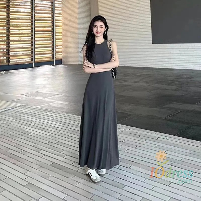 IO Dress French Sleeveless Tank Dress Women Fashion Elegant Chic Slim A Line Long Dress Summer Vacation All Match Casual Solid Vestidos