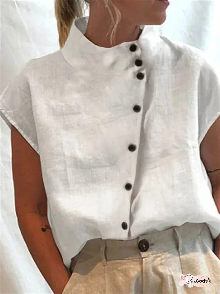 Ms. New Button Cotton Linen Stand-up Collar Casual Shirt Women Comfortable Short-sleeved Solid Color Shirt