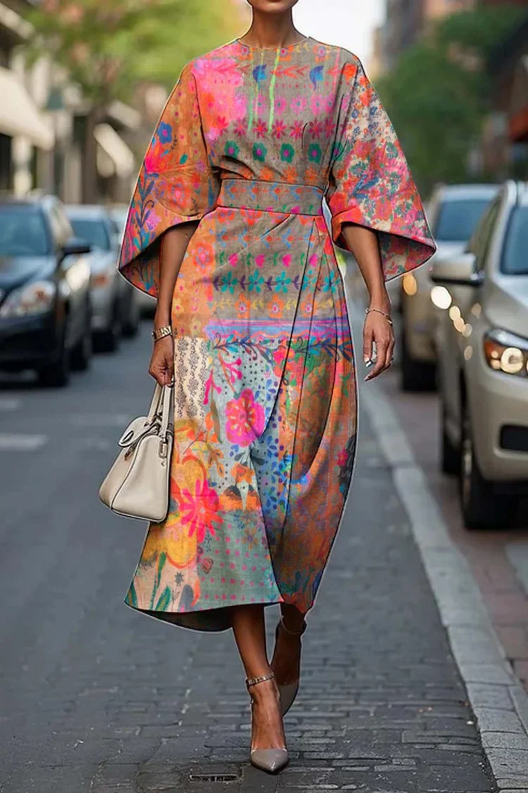 Women's Vintage Elegant Floral Heart Print Midi Dress