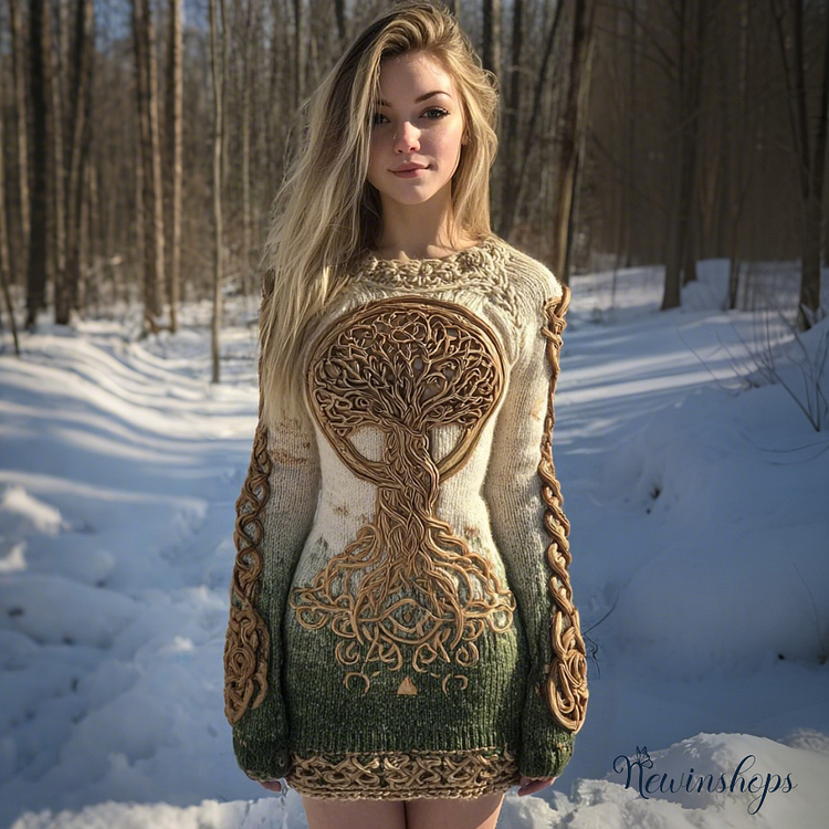 Women's Viking Tree Of Life Celtic Knot Art Knit Mini Sweater Dress