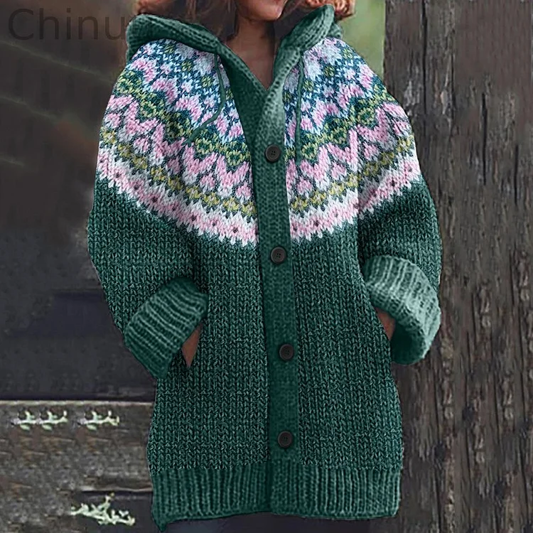 Vintage Tribal Icelandic Knitted Pattern Cozy Cardigan Sweater