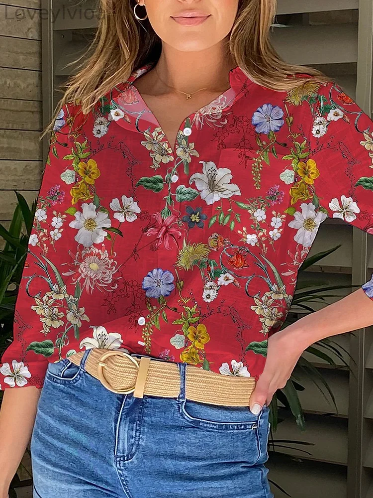 Spring Field Floral On Red Background Repeat Pattern Printed Women's Casual Shirt