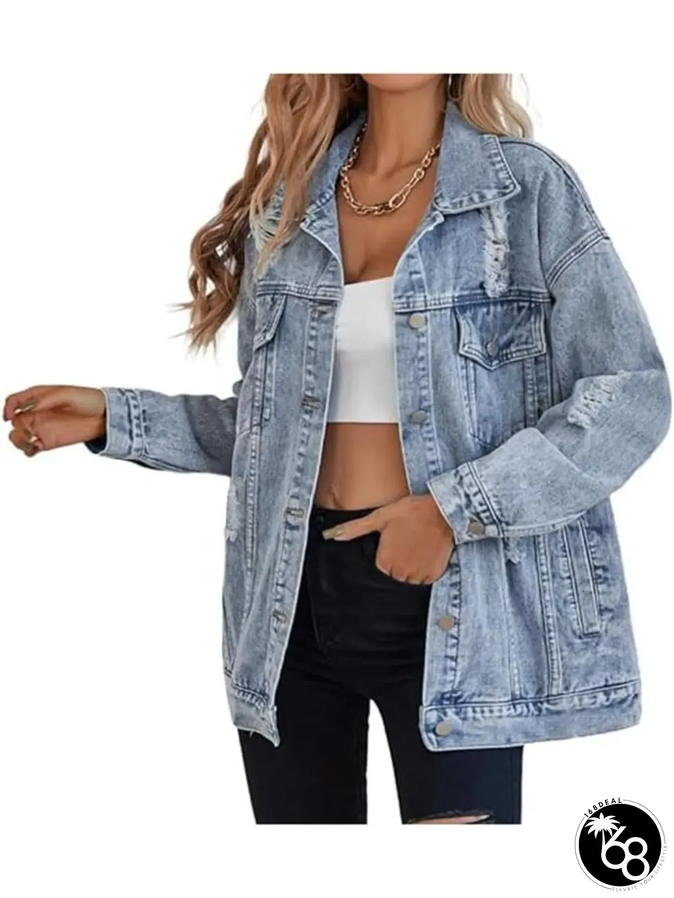 Womens Oversized Boyfriend Vintage Denim Jacket Distressed Ripped Jeans Coat with Frayed | 168DEAL