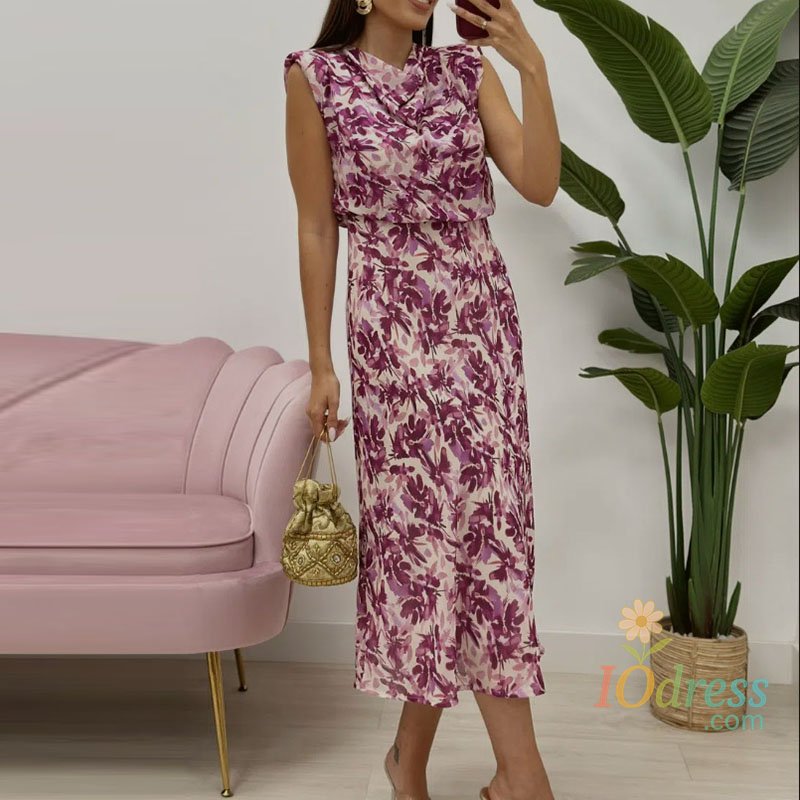 IO Dress Elegant O-neck Sleeveless Party Dress 2025 Summer Casual Waist Slim Wrap Hip Dress Women Fashion Leaf Print Holiday Long Dress