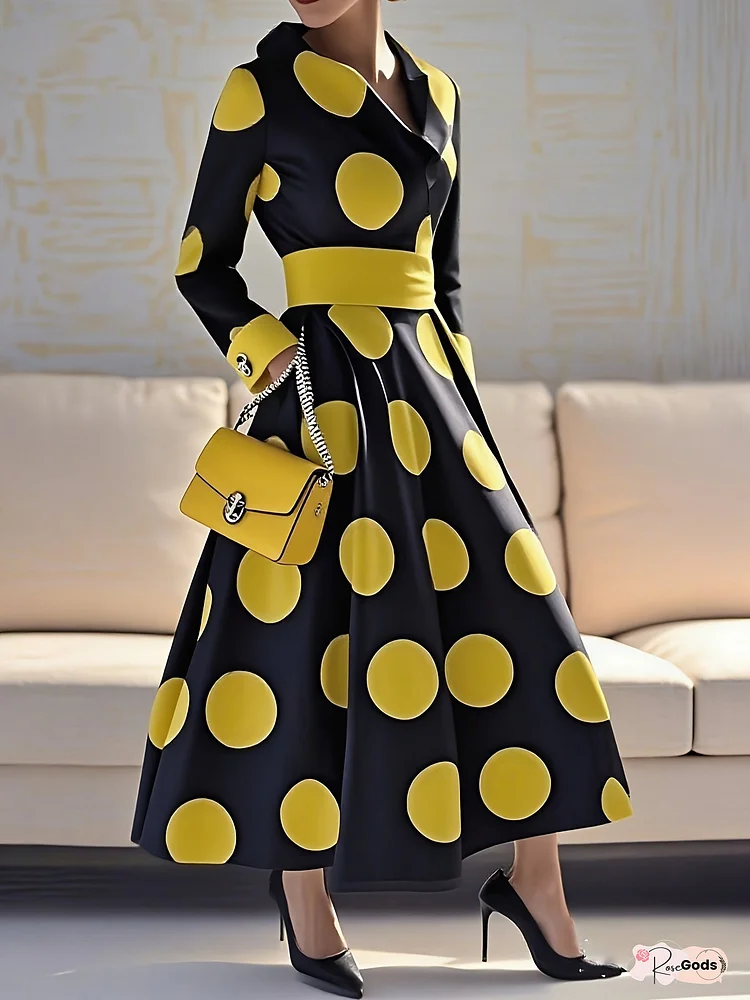 Primegaa Women's Vintage Polka Dot Audrey Tied Waist Long Dress Autumn 2025 Lapel Long Sleeve Birthday Party Elegant Maxi Dress For Woman