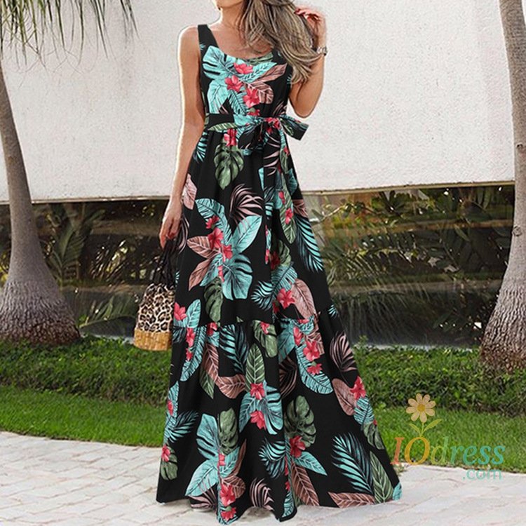 IO Dress Plus Size 1xl-5xl Women's Sleeveless Floral Maxi Dresses: Belted Waist Vacation - Style Long Dresses-Elegant and Casual