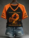 Women's Halloween Witch Pumpkin Bat V-neck Short Sleeve T-shirt