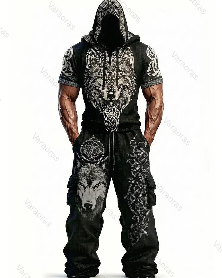 Men's Fashion Viking Contrast Color Embroidered Hoodie & Pants Two-Piece Set 9309