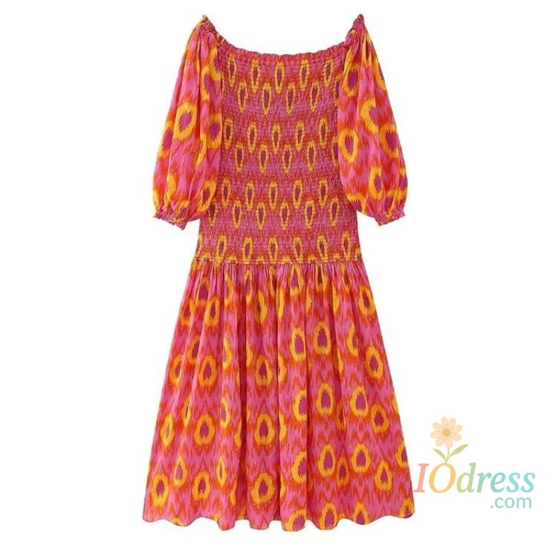 IO Dress Women Summer Party Holiday Lady Streetwears Print Ruffle Pleated Long Dress Fashion Off Shoulder Puff Sleeve Midi Dresses Casual IO Dress