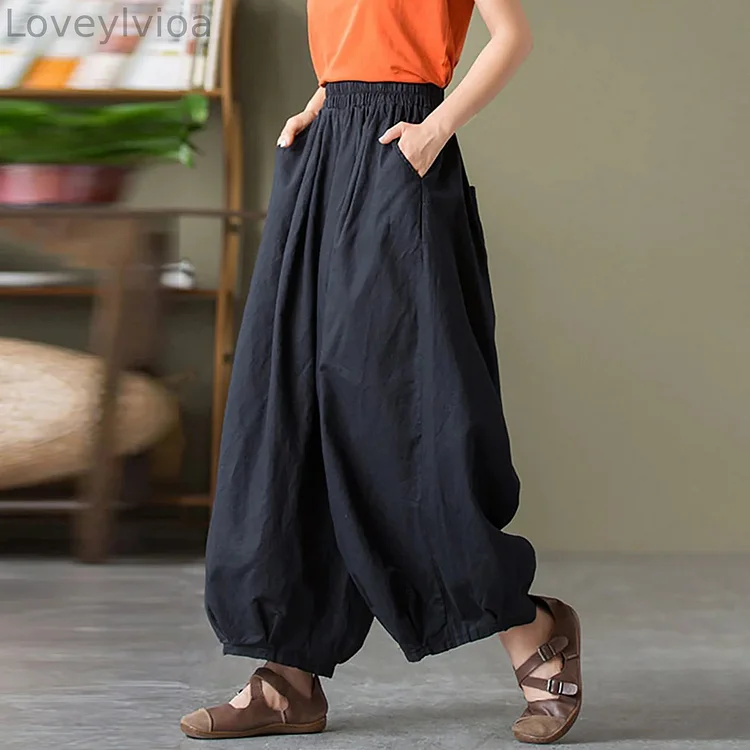 Solid Color Elastic Waist Pocket Comfy Pants