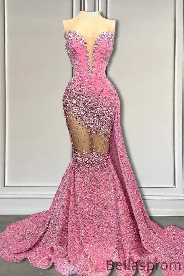 Bellasprom V-Neck Sequins Prom Dress Mermaid Sleeveless With Crystal Bellasprom