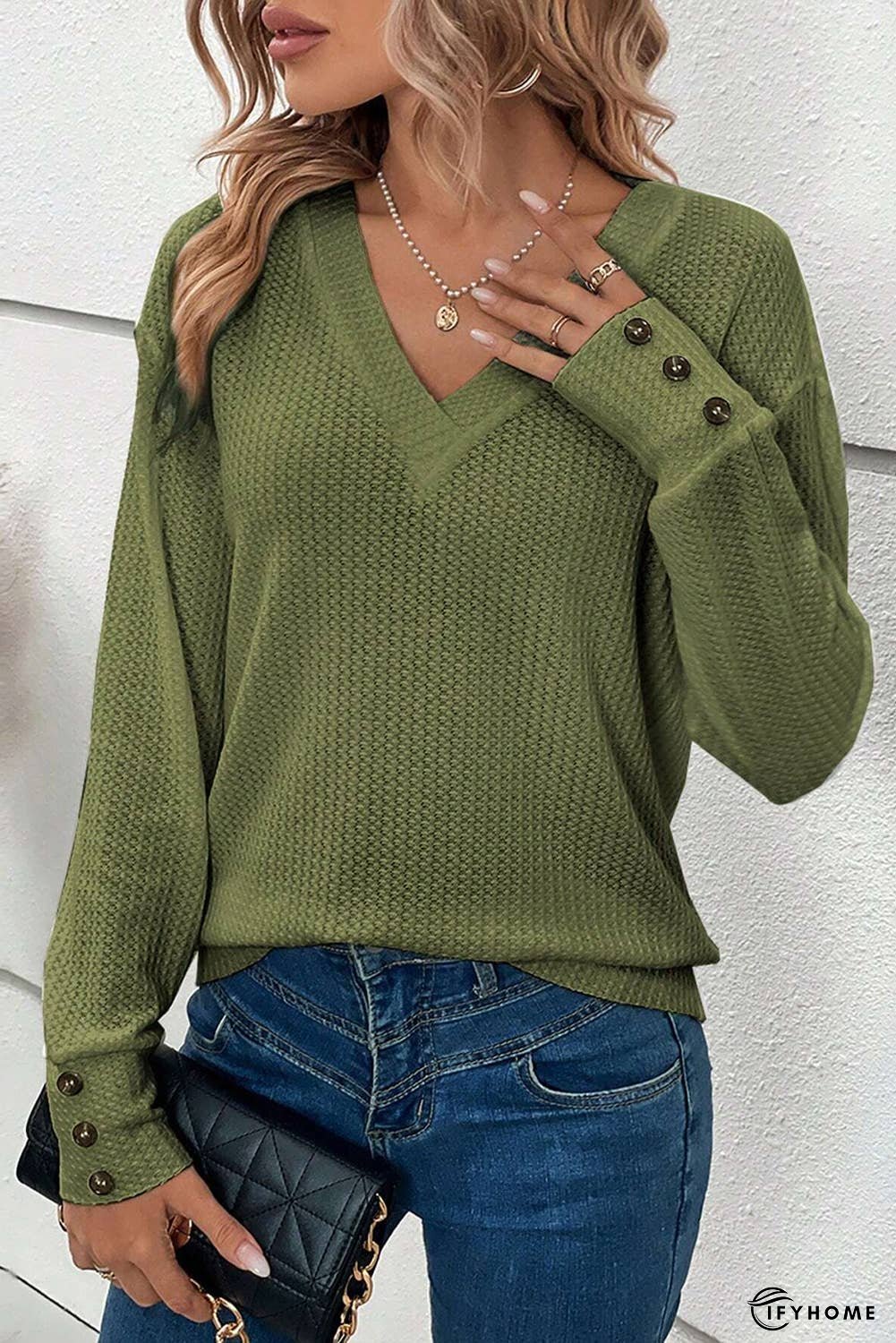 Textured Knit V Neck Button Cuffs Top | IFYHOME