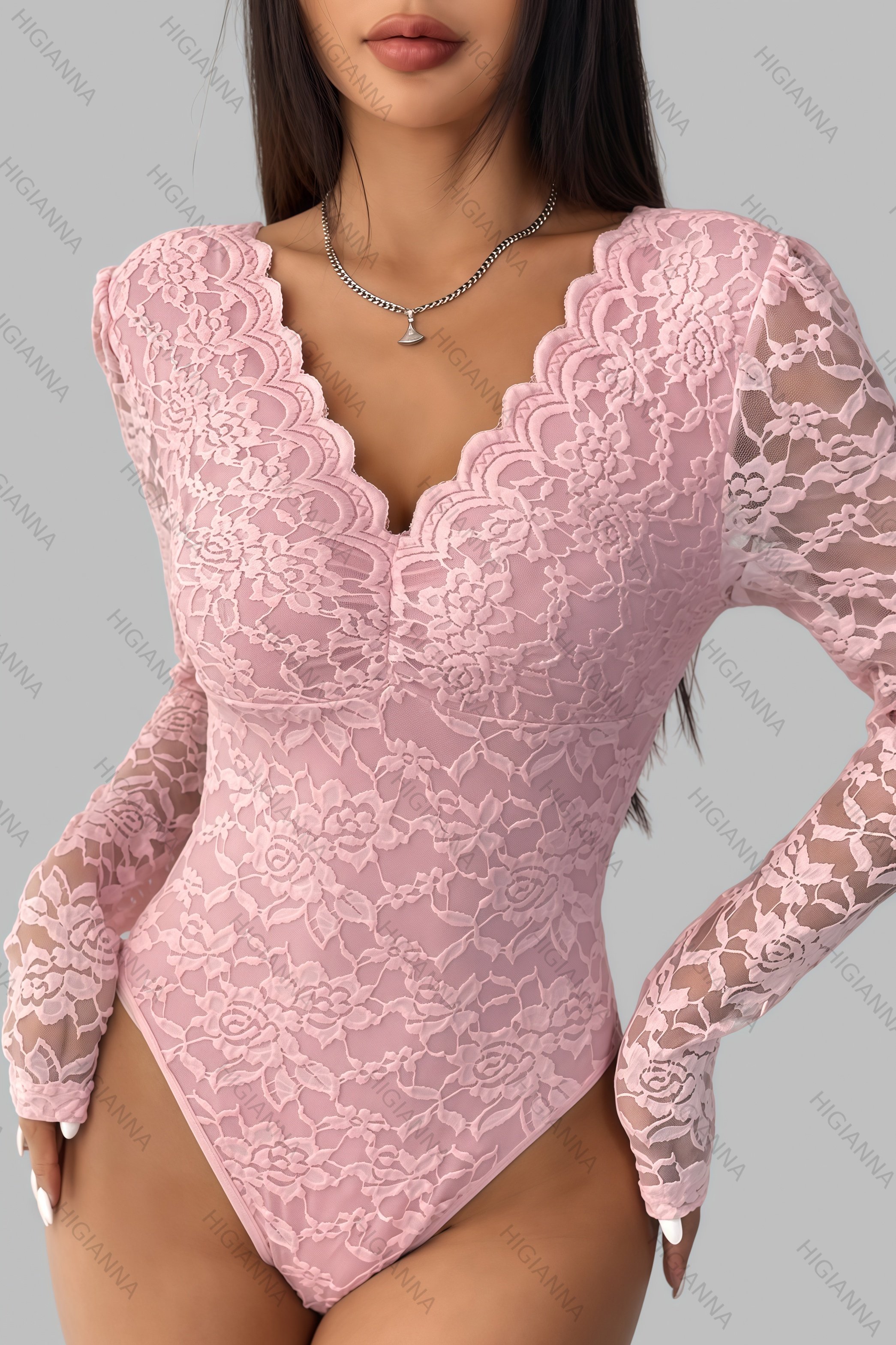 Floral Lace V-Neck Long Sleeve Bodysuit - HIGIANNA&reg;