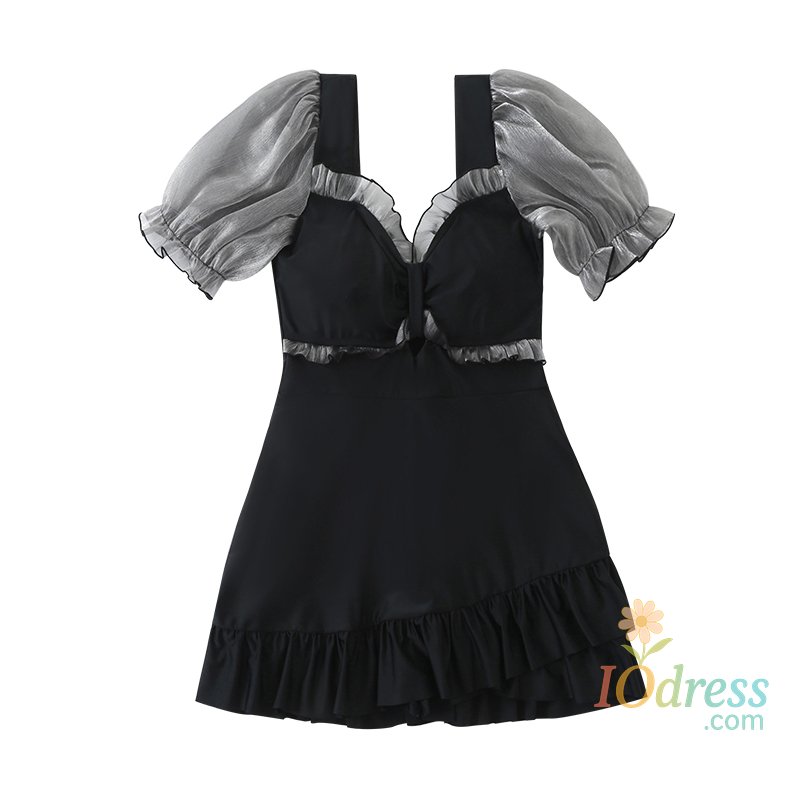 IO Dress Women Ruffles One Piece Swimsuit Bathing Suit Padded Plus Size Cover Belly Fat Swimdress Short Sleeve Swimwear Ladies Monokini