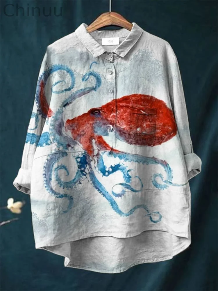 Vintage Japanese Octopus Pattern Art Print Casual Cotton And Linen Shirt