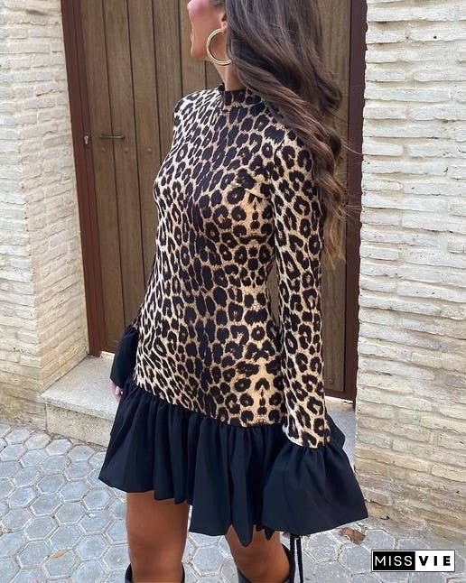 Leopard Print Panelled Flared Sleeve Slim Mini Dress