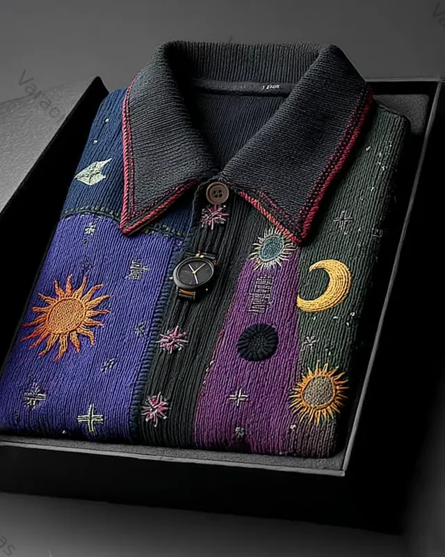 Men's 3D Star and Moon Embroidered Contrast Color Panel Shirt 2964