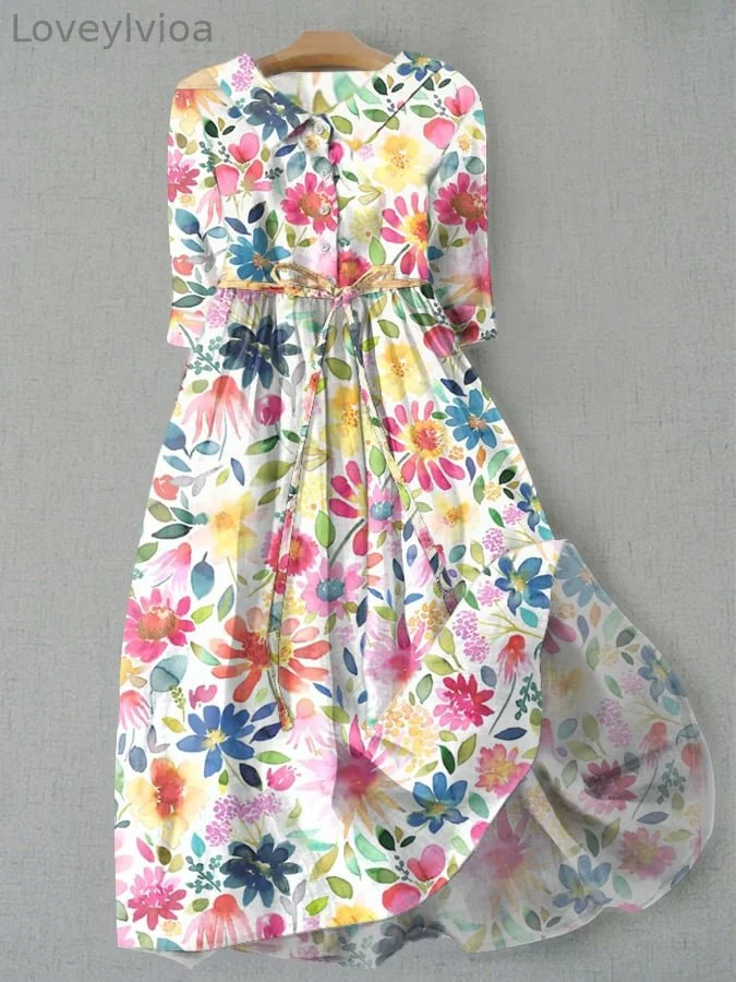Women's Vintage Floral Print Lapel Waist Tie-Up Dress