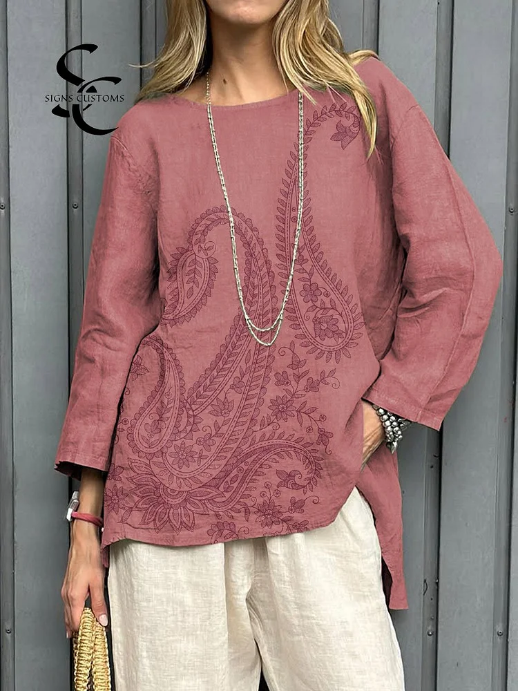 Women's Vintage Paisley Art Print Casual Cotton And Linen Shirt