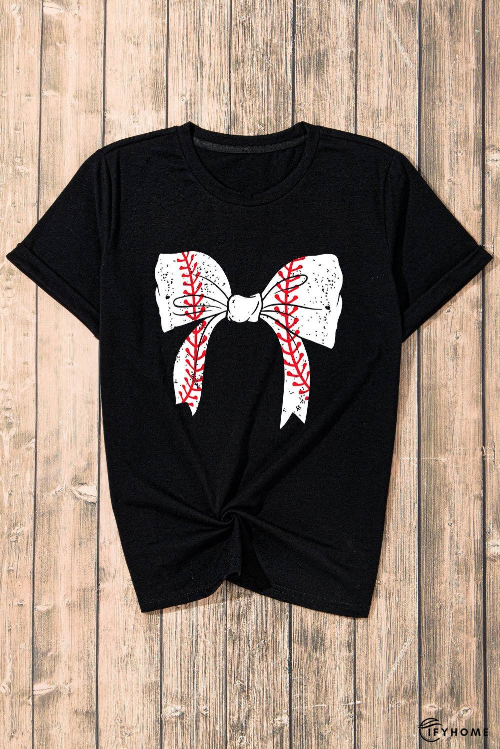 Black Baseball Bowknot Graphic Roll Up Sleeve Tee | IFYHOME
