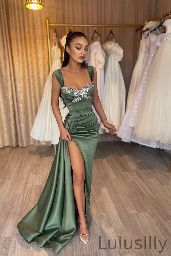 New Arrival Olive Green Straps Mermaid Evening Dress Pleats Ruffles With High Slit - lulusllly