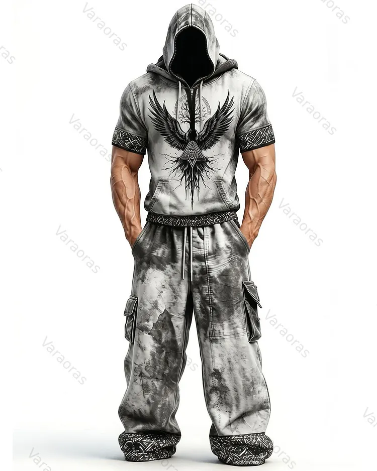 Men's Fashion Viking Contrast Color Embroidered Hoodie & Pants Two-Piece Set 7069
