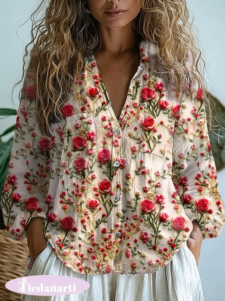 Women's  Retro Floral Art Print Casual Long Sleeve Comfortable Cotton Shirt