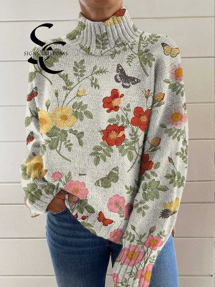Women's Retro Artistic Flowers Print Knit Turtleneck Pullover Sweater