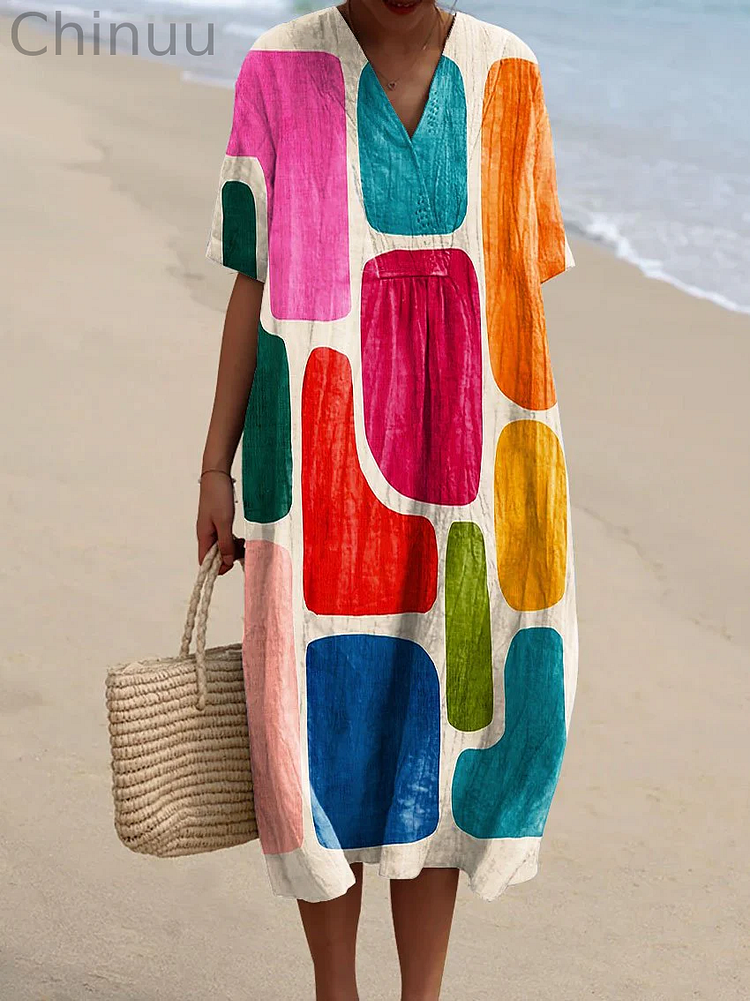 Women's Abstract Vibrant Bold Fun Colorful Geometric Stripes Art Print Flowy Dress