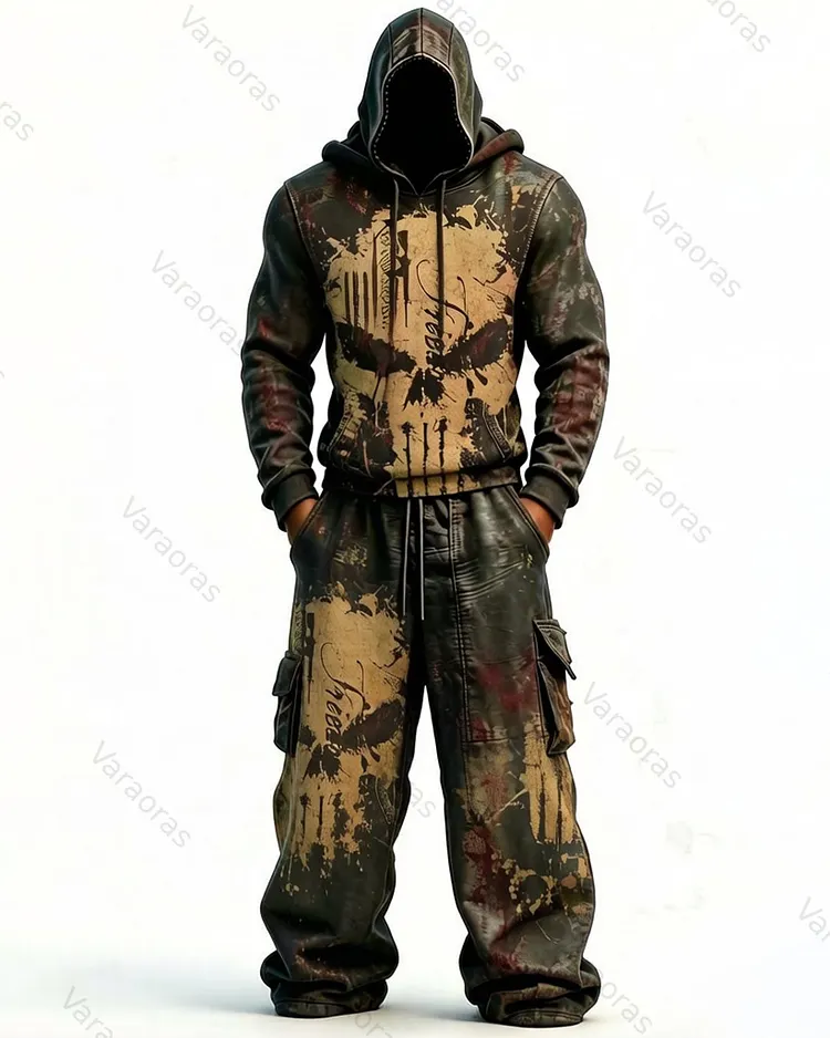 Men's Fashion Skull Contrast Color Embroidered Hoodie & Pants Two-Piece Set 3596