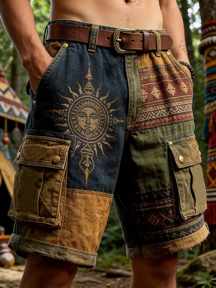 Men's Hippie Art Sun Face Geometric Pattern Casual Cargo Shorts 0fde
