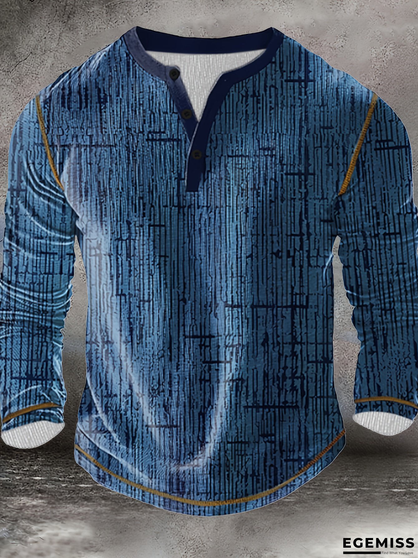 Men's Casual Long Sleeve Blue Henry Shirt with Dark Textured Allover Print, Button-Front Placket & Henric Collar - All-Season Versatile Wear, Machine Washable Regular Fit for Daily & Semi-Formal Occasions - Stylish & Durable Men's Fashion Top | EGEMISS