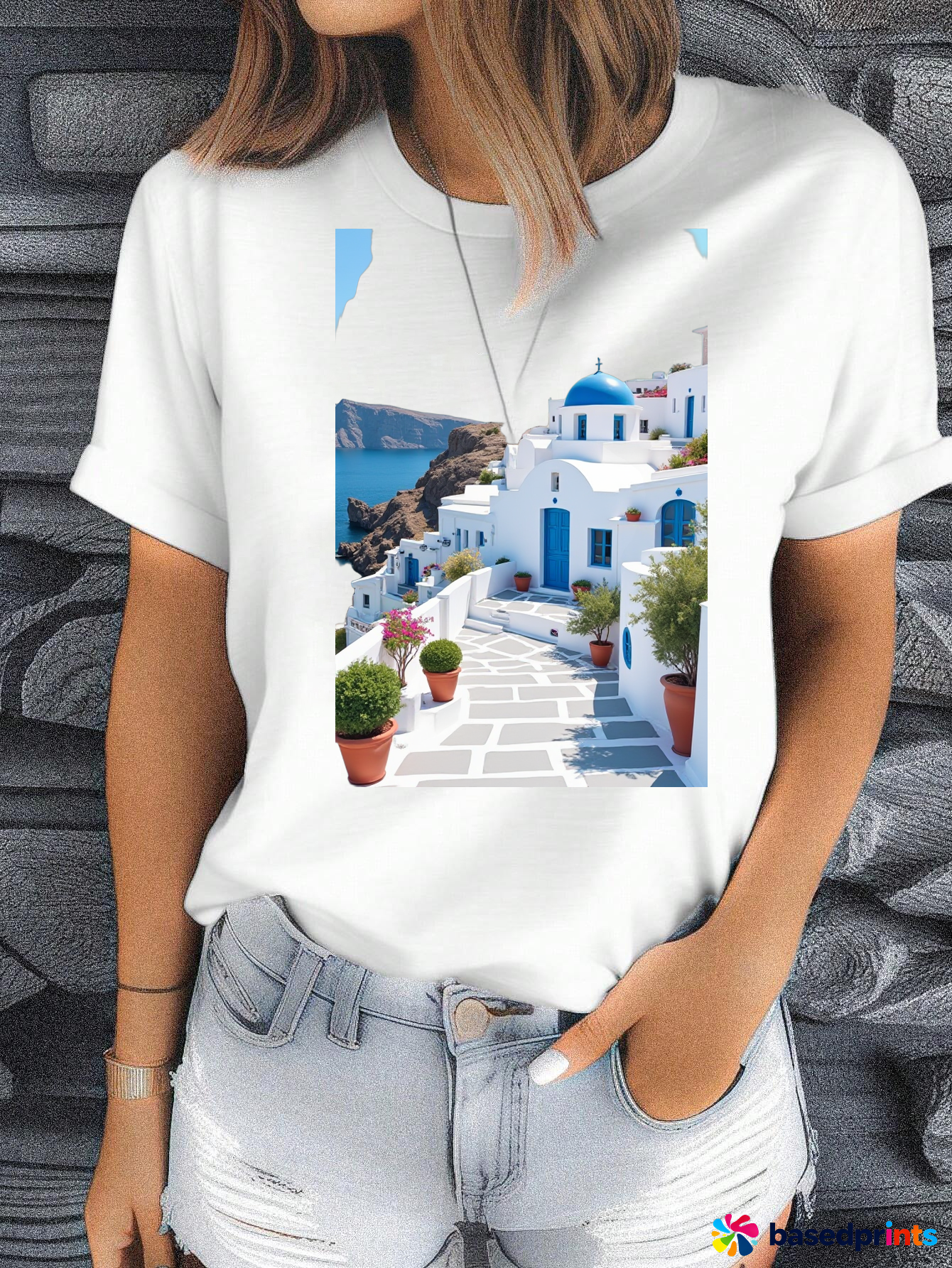 White T-Shirt with Greece Print